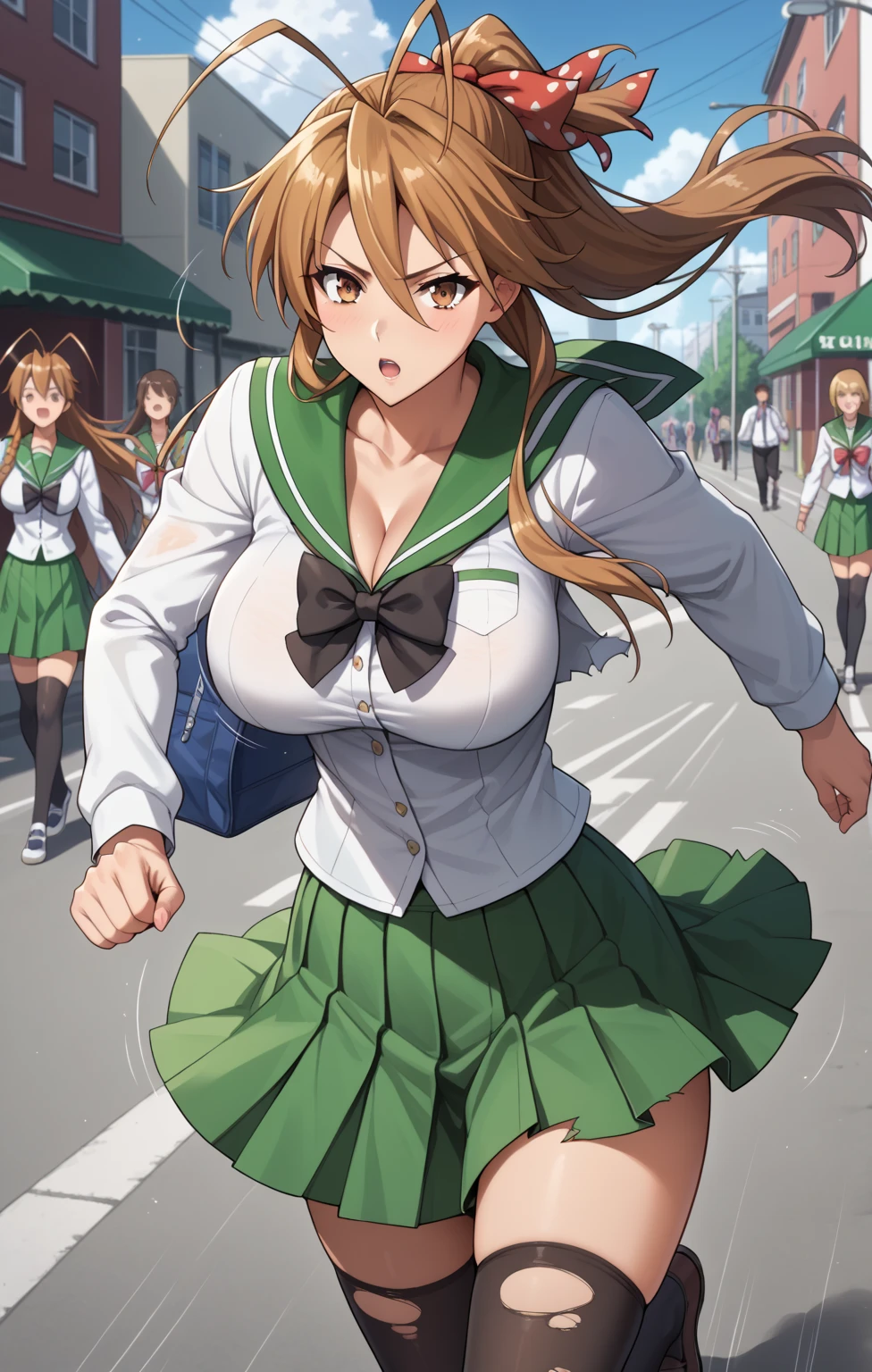 ((masterpiece)), Highest quality, Very detailed, master piece, best quality, score_9, score_8_up, score_7_up, source_anime,
reimiyamoto, rei miyamoto, long hair, brown hair, brown eyes, antenna hair, ponytail,
skirt, thighhighs, school uniform, serafuku, zettai ryouiki, green skirt, bowtie, long sleeves, black thighhighs, black bowtie,
outdoors,
looking at viewer, torn apart clothes, cleavage, torn apart skirt, big breasts,on street, bouncing breasts, motion lines, running, zombies chasing behind, monsters in background, naked people running in background 