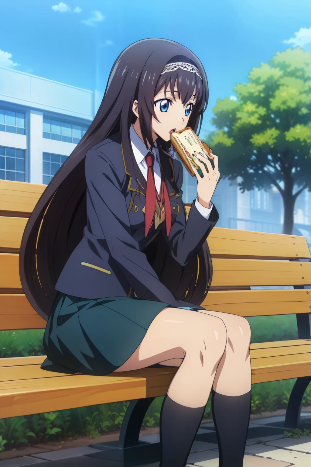 (from side), 1 girl, cute, black hair, long hair, open mouth, ((hair band)), (sitting on a bench, holding a book, eating a sandwich), (School Uniform, skirt, knee socks), (In the school garden), (anime cels style, Masterpiece, best quality, high resolution, anime colored, megami magazine:1.2, anime poster style, anime keyvisual, sharp, 8k, photorealistic), blue eyes,