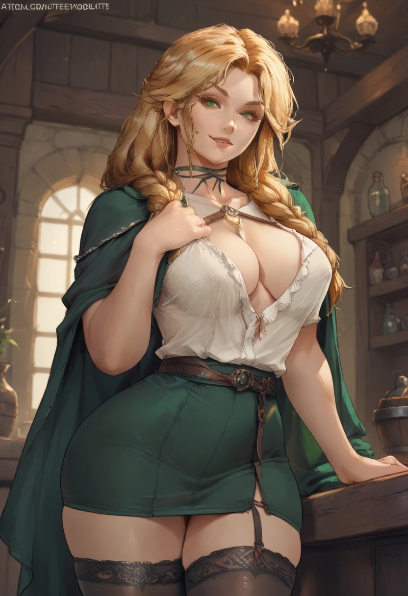 (score_9, score_8_up, score_7_up), 1girl, solo, Fantasy, Mature Woman, Sif (God of war), Very Long Hair, Golden blonde Hair, (one big Braid), fit body, very soft breasts, Pale skin, thick ass, wide hips, big, big pleading eyes, pursed lips, parted lips, seductive Smile, raised eyebrows, high quality, vivid colours, g0thicPXL, possmach, inside, Tavern, Viking tattoos on neck, Viking Tattoos on arms, White Shirt, laced Shirt, cleavage, bare Arms, (Green skirt), ((leather thighthighs, laced thighthighs)), standing, Open eyes, Green eyes, Pointy ears, Elven Ranger, Elven Woman, ((Green cloak around shoulders)), sexy grin, Angle from below, Arms over chest, mature woman