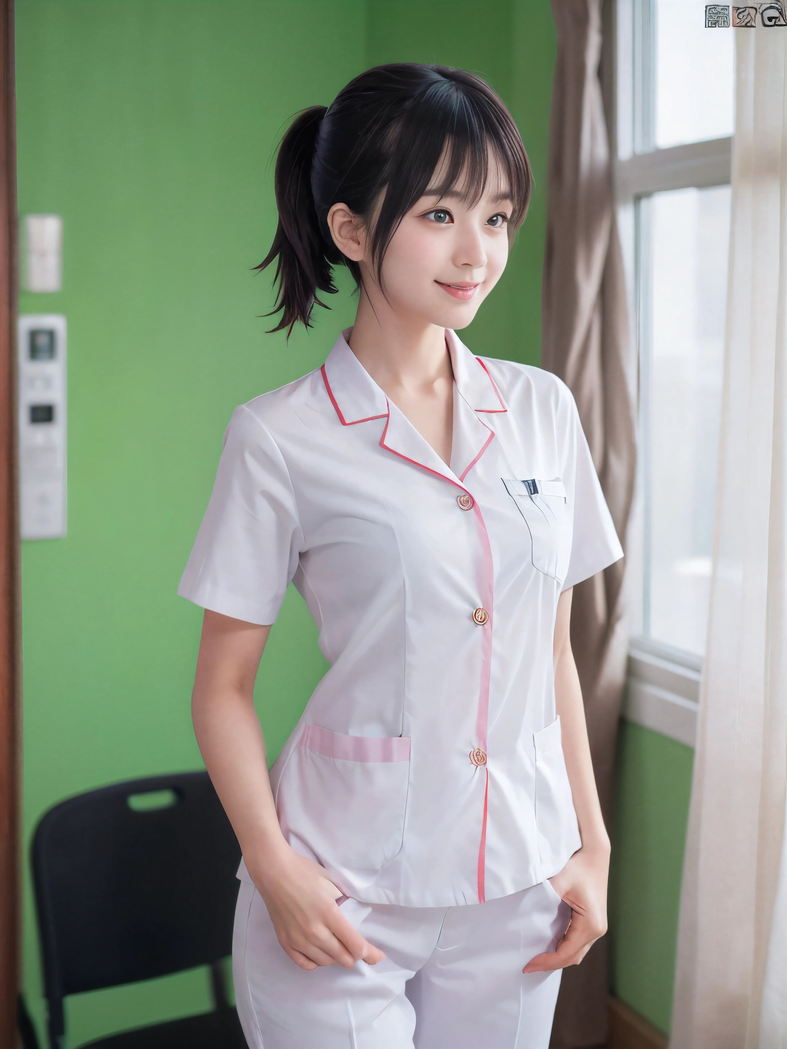 (Close-up face shot of one slender small breasts two side up black medium hair with bangs girl in a white nurse long pants uniform :1.5)、(One girl  is preparing the intravenous drip in the hospital room in Japan with happy smile:1.5)、(blurred background:1.5)、(Natural light:1.5)、(8k ultra detailed master piece:1.5)、(perfect anatomy:1.5)、(Photorealistic stick:1.5)、(Raw photo:1.3)、(highest quality:1.5)、(High resolution:1.3)、(Delicate and beautiful perfect face:1.3)、(Delicate and beautiful eye air skin:1.3)、(Real Human Skin:1.3)、((thin legs))
