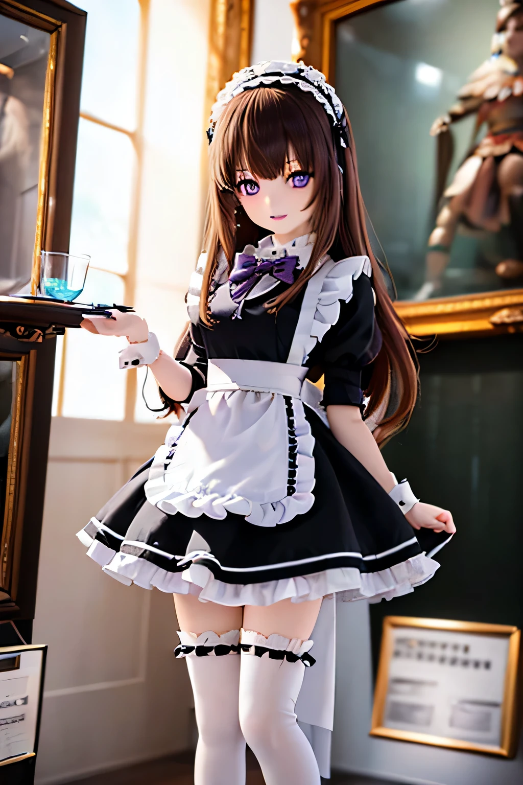 (SFW:2), photorealistic, realistic photo, 8k, Canon EOS, ((highest quality)), ((masterpiece)), (extremely detailed), dd, doll, idol dress, (mature woman, 21yo, 21 years old, solo, museum:1.6), (from front, standing, hands on stomach, brown hair, long hair, bow, maid headpiece, black maid costume, maid apron, white thigh highs, smile, parted lips, purple eyes, glass eyes, shining eyes, looking at viewer, detailed face:1.3)