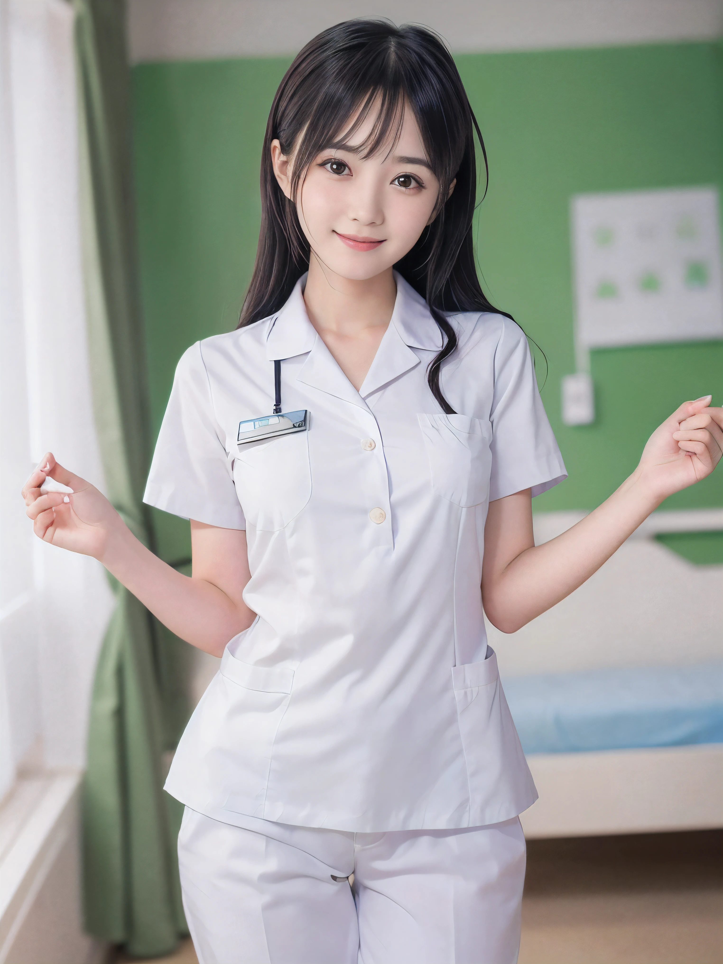 (Close-up face shot of one slender small breasts two side up black medium hair with bangs girl in a white nurse long pants uniform :1.5)、(One girl is leaning and open her arms widely in the hospital room in Japan with happy smile:1.5)、(blurred background:1.5)、(Natural light:1.5)、(8k ultra detailed master piece:1.5)、(perfect anatomy:1.5)、(Photorealistic stick:1.5)、(Raw photo:1.3)、(highest quality:1.5)、(High resolution:1.3)、(Delicate and beautiful perfect face:1.3)、(Delicate and beautiful eye air skin:1.3)、(Real Human Skin:1.3)、((thin legs))
