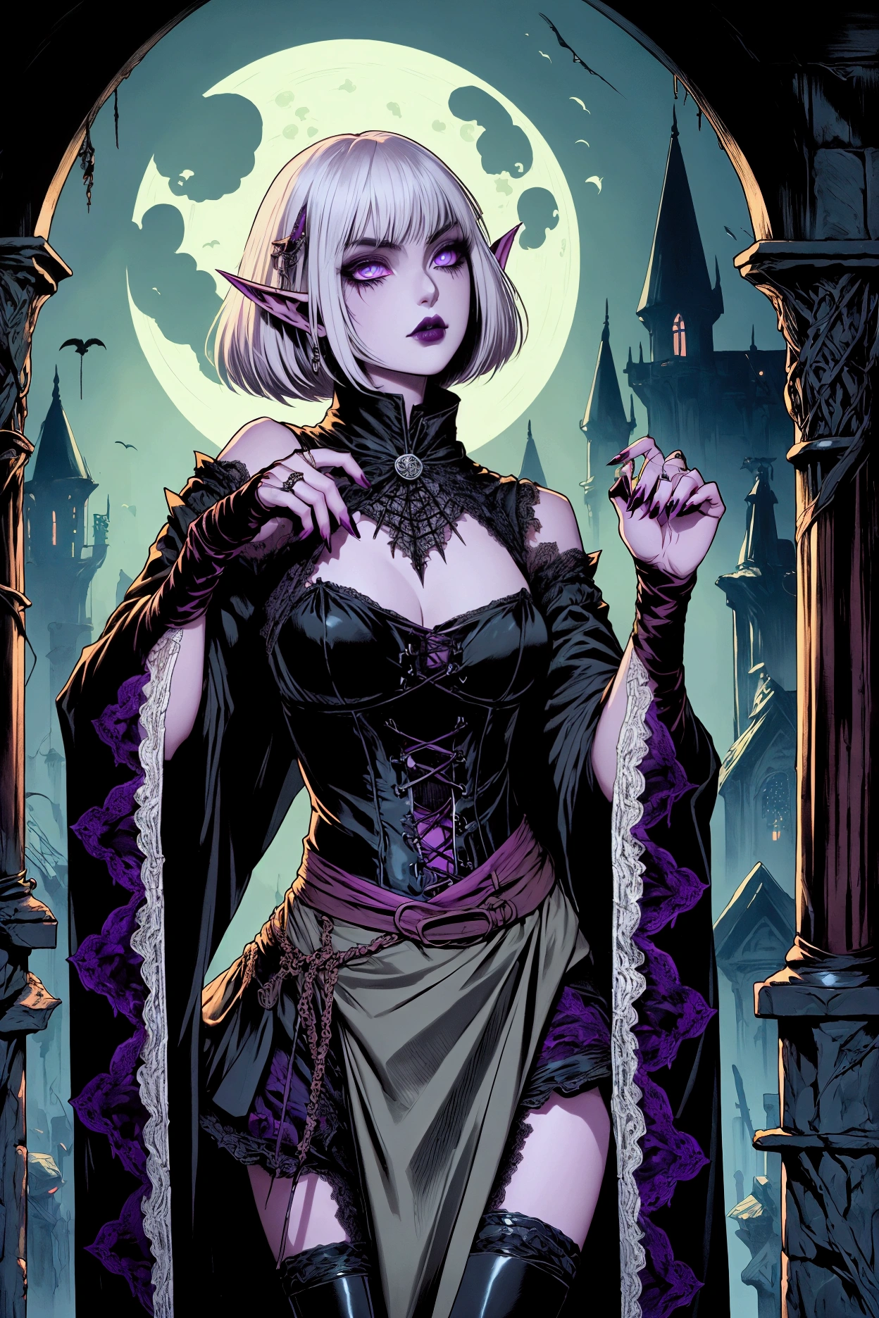 (Ultra-detailed face, Looking away, Fantasy Illustration with Gothic, Dark tone colors.), BREAK 
(This is the world of Castle Ravenloft, the massive gothic Dracula Castle perched atop Barovia's steep, piercing crag, an eerie vulture in the red, blood-colored moonlight that illuminates the night sky.), BREAK 
(A dark elf female vampire hunter is flying up the steep rocky hillside with her partner, a tall, slender, silver-haired werewolf.), BREAK 
(The young dark elf vampire hunter has white hair, white eyebrows, blunt bangs, well-cut shoulder-length hair, lavender eyes, small pink lips, dark purple skin, and dark, thick eyeliner.), BREAK 
(The dark elf female vampire hunter wears an obsidian choker and a lace-up dress of jet-black crow's-feather fabric with a 19th century English Victorian amethyst corset. She wears a blackcurrant sash around her waist and an old-fashioned dagger at her hip. She wears bare feet and shiny, jet-black pin heels.), BREAK 
(Her werewolf partner has a pale, glowing hieroglyphic tattoo over his body. He wears a 19th-century English Victorian steampunk-style legal gown with thin copper reliefs. The werewolf has glowing blue eyes, sharp fangs, and sharp hand claws at the ready.)