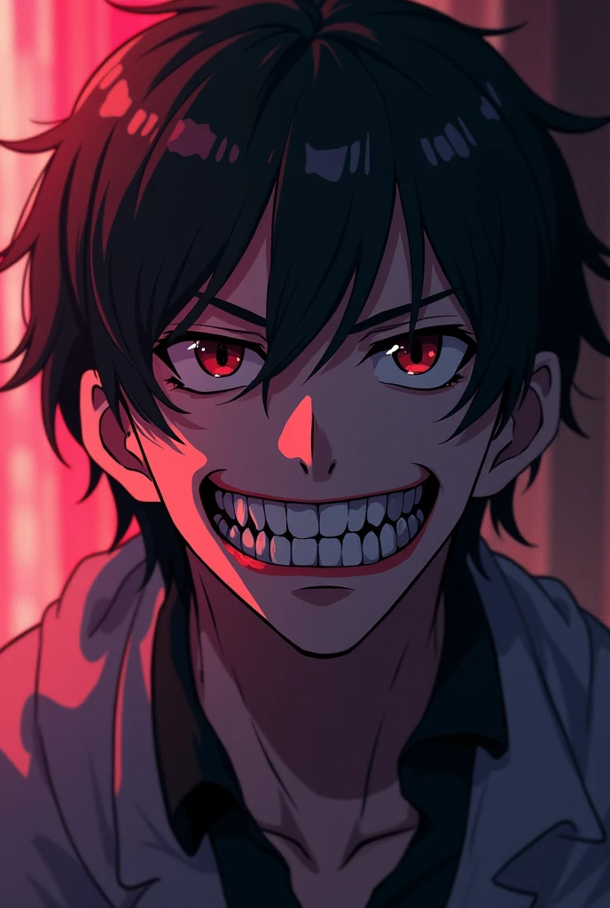 A handsome messy white and black hair,and beautiful eyes that gave the aura of madness,he had a crazy wide smile,has blood stains, front-facing,front view,wears blood stained clothes, masterpiece.