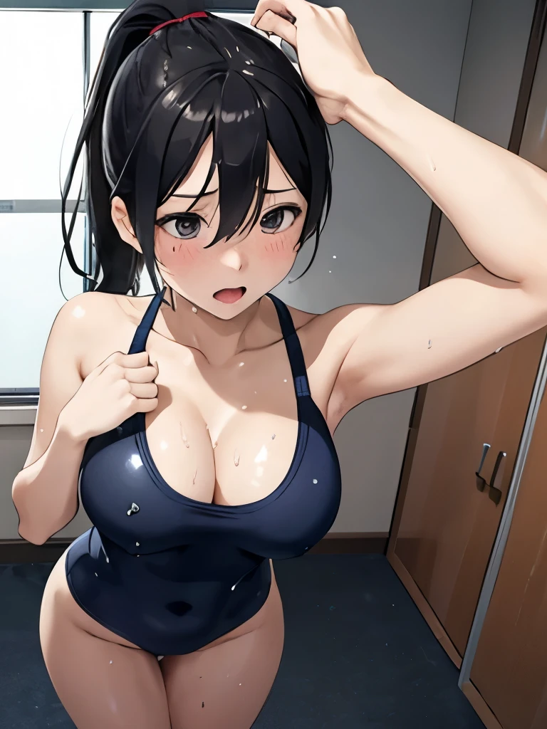 masterpiece, highest quality, HDTV, high resolution, single, alone, cleavage, sweaty, drenched, water droplets running down feet, My lower body is soaked wet, wet waist, extra crotch drop, Three-dimensional feeling of body parts, realistic skin texture, , white skin, black hair,leotard,Blue School Swimsuit,(Lock, Lock, handcuffs, limb restraints, restraints, Lockでつながれた手首, drooping breast milk, ), fluffy, Eyes, breast milk, blush, stick out tongue,ponytail,Forehead,spread your arms,spread legs