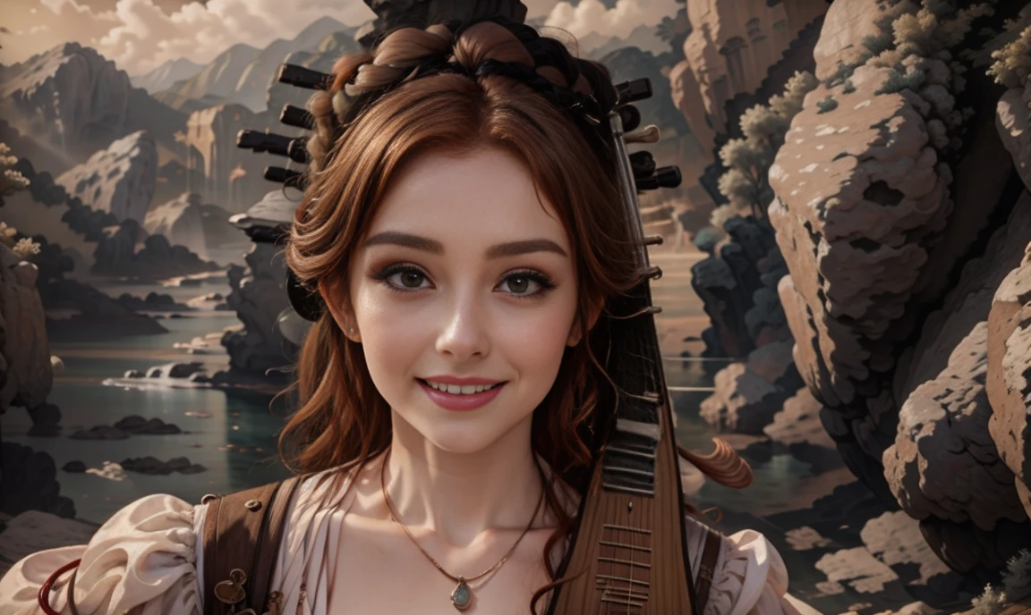 fantasy, realistic. close up. ((bright color palette:1.5)). ((red-haired:1.5)), ((one classy stunning gorgeous female high-class bard:1.5)), ((light brown eyes:1.5)), ((happy smiling beautiful expression:1.5)), wearing expensive feminine clothing, holding a lute, ((looking straight at the camera:1.5)), colorful village background.