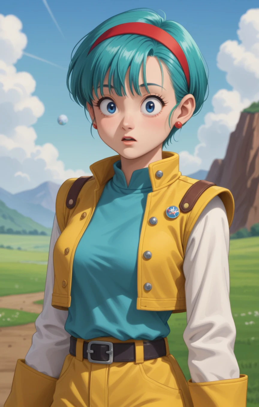 anime screencap, absurdres, high quality,bulma, dbz, namek outfit, namek saga, 1990s \(style\), anime coloring, retro artstyle, 1girl, solo, blue eyes, surprised, aqua hair, bangs, upper body, looking afar, stud earrings, belt, red hairband, worried, yellow jacket, wind lift, wind, two tone jacket, planet namek, shoulder pads, sleeveless jacket, eyelashes, fingernails, black undershirt, long sleeves, short hair, green sky, outdoors