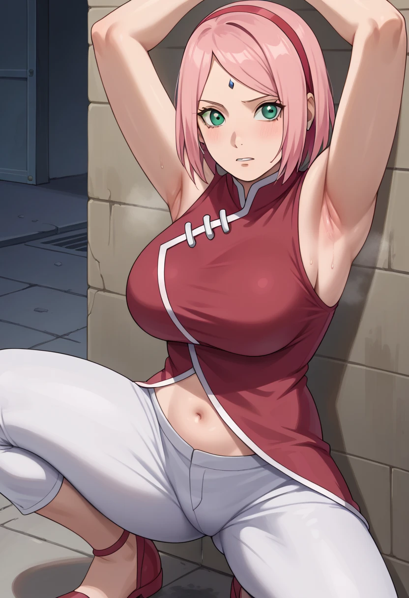 score_9, score_8_アップ, score_7_アップ,,nsfw,haruno sakura,sakura,green eyes ,pink hair, short hair,, red sleeveless dress, navel, large breasts, white pants,In a dimly lit alley ,Armpit,Armpit wrinkles,Armpit smell,Armpit juice,Arms up,Stretch,pubic hair,under hair,squat down, 