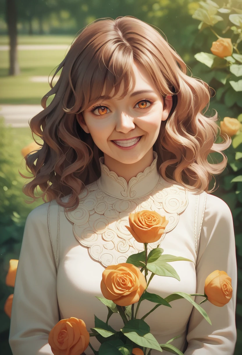 masterpiece, best quality, detailed, Masterpiece, Great detailed pictures, (25-year-old woman with medium hair with bangs) and (wavy hair) and (brown hair) and (orange eyes) , BREAK (white) and (long sleeve chiffon blouse) BREAK, smile, in the park, alone, standing.
