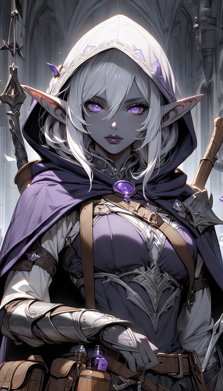 Drow,  Pointed ears, Solitary, Elf, hood, Skin of color, looking at the audience, Long silver hair, cloak, dark Elf, hood up, cape, hooded cloak, belt, pouch, Lavender-colored eyes, Gray skin, Upper Body, arms, Lips, armor, Black/White Badge, potion belt, smith tools on belt,((masterpiece, best quality))