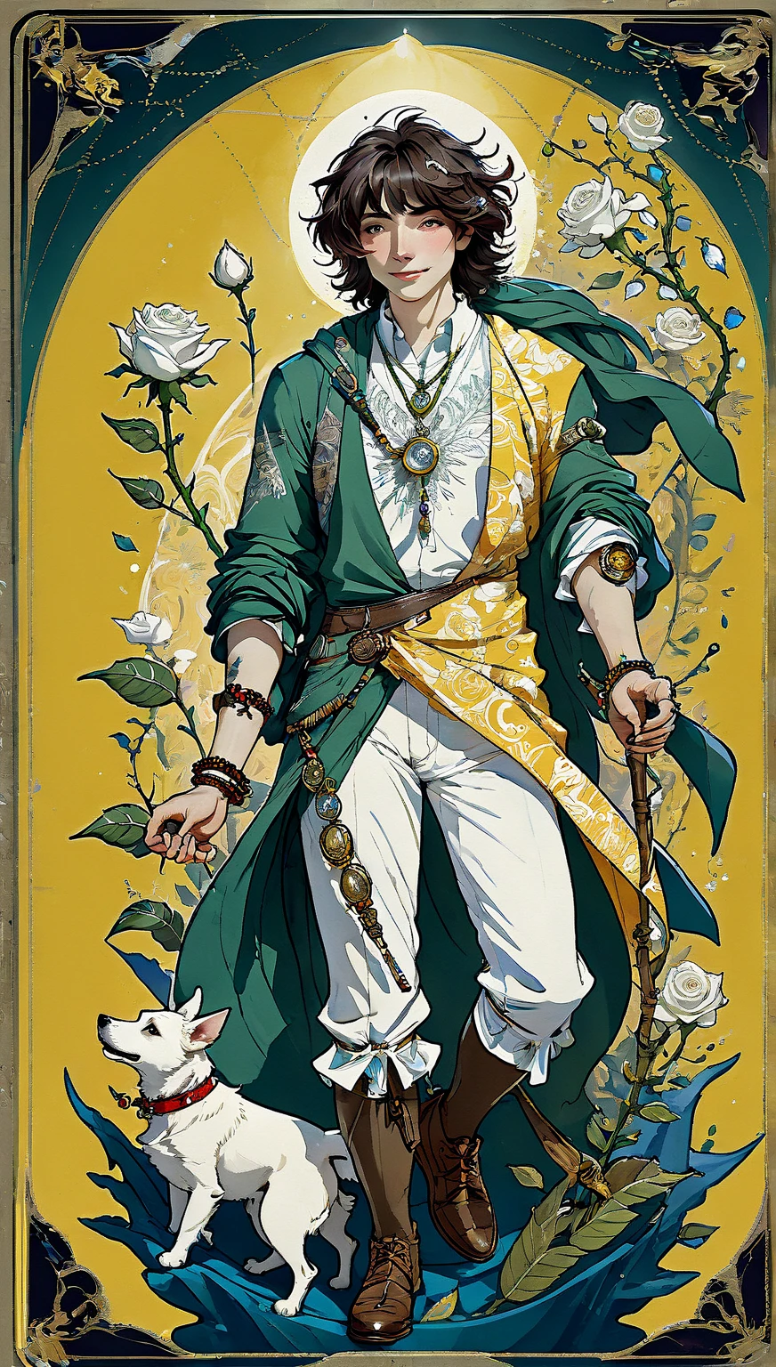 tarot, cheerful and carefree young man on the brink of an abyss ,  expression of courage and ,  Sometimes , of foolishness .  The dog that accompanies him The white rose in his hand The cane that he carries on his shoulders, colorful clothes,  the white elements ,  like the sun and the snowy peaks in the background ,   The yellow background  ((text at the end of the letter : "")) de Brian Froud e Carne Griffiths e Wadim Kashin ,  intricate details , oil