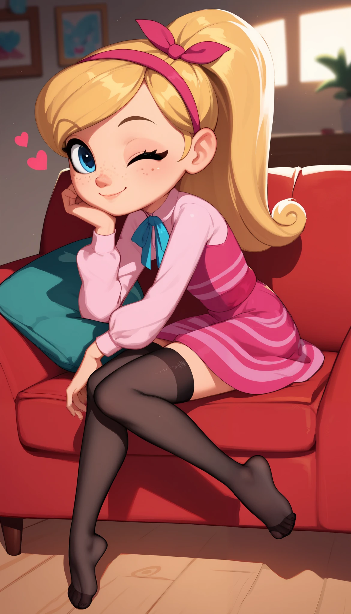 1girl, full body, solo, young girl, 9- year old, penny peterson, long hair, blue eyes, freckles, blonde hair, skirt, hairband, cyan ribbon, ponytail, black sexy stockings, flirty hips, dress, pink dress, long sleeves, no shoes, score_9, score_8_up, score_7_up, score_6_up, score_5_up, sitting, sofa, leaning forward, indoors, smile, cute smile, closed mouth, heart-warming, one eye closed, looking at viewer, soft lighting,
