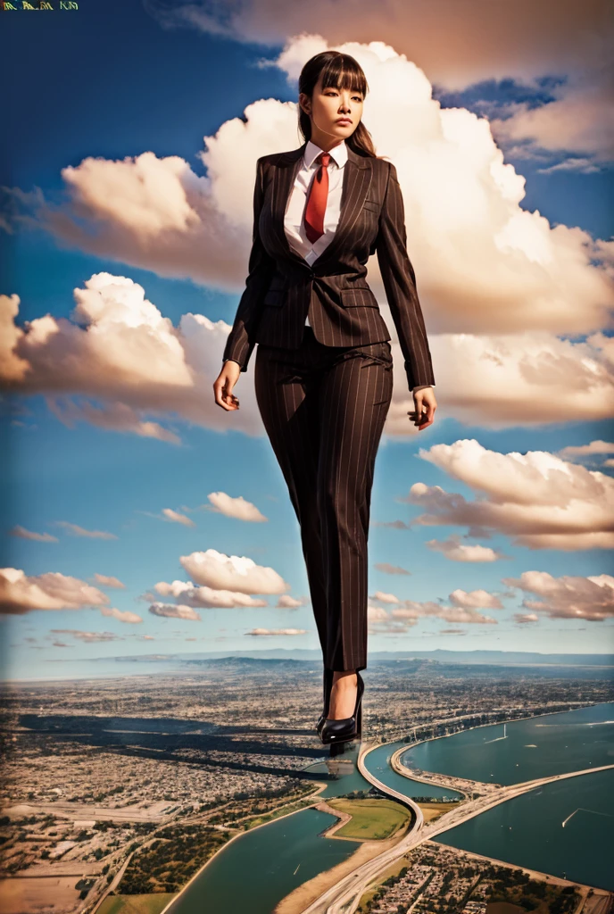 Giantess art, (towering over a 100 miles tall) bbw giant schoolgirl in distance walking on countries, young women with beautiful curves, massive thighs, ginger hair, lipstick, wearing a pinstripe trouser suit and blazer, crisp white shirt with large collar, shirt covering breasts, large blade width Windsor knot red tie, with massive breasts. She is wearing platform high heels and standing on a miniature city, with massive cities no bigger than her feet, smiling with her huge breasts. This image is highly detailed, photorealistic, best quality, a masterpiece, with cinematic lighting, ultra-detailed, long ponytail hair with front bangs, high altitude photography, satellite view, a curvy figure, heaving bosom, legs, a stepping on mulitple mega city,, destruction, buildings, roads, a cloudy, overcast, hazy atmosphere, and wispy clouds. Seen from orbit