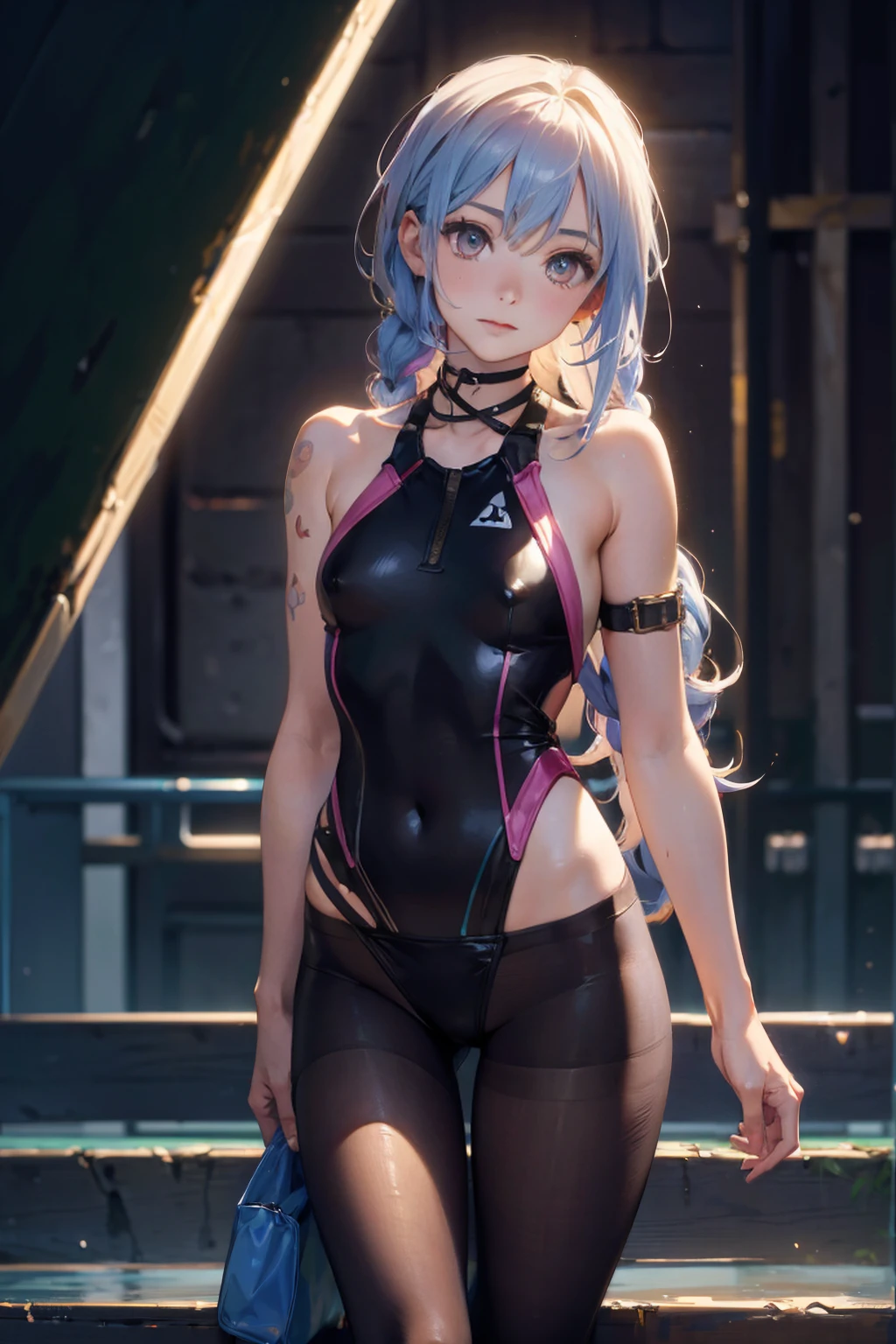 1 girl, solo, (nsfw), (cute 18-year-old redhead girl in twin tails), multiple (luminous rainbow colored hair: 1.2), ((perfect body: 1.6)) (beautiful detailed eyes: 1.6), (photo realistic eyes: 1.6), happy and smiling, Ukrainian, (petite gymnast body), ((gymnast body, beautiful full round breasts, small head, dainty hands: 1.6)), (shy cute pose), (pale white skin), (camel toe), ((see through pastel purple cotton leotard: 1.6)), with (smooth pantyhose leotard: 1.6), (tron style background) high tech (wide angle lens), colorful neon lighting, ((very dark sky)), futuristic city, photo realistic.