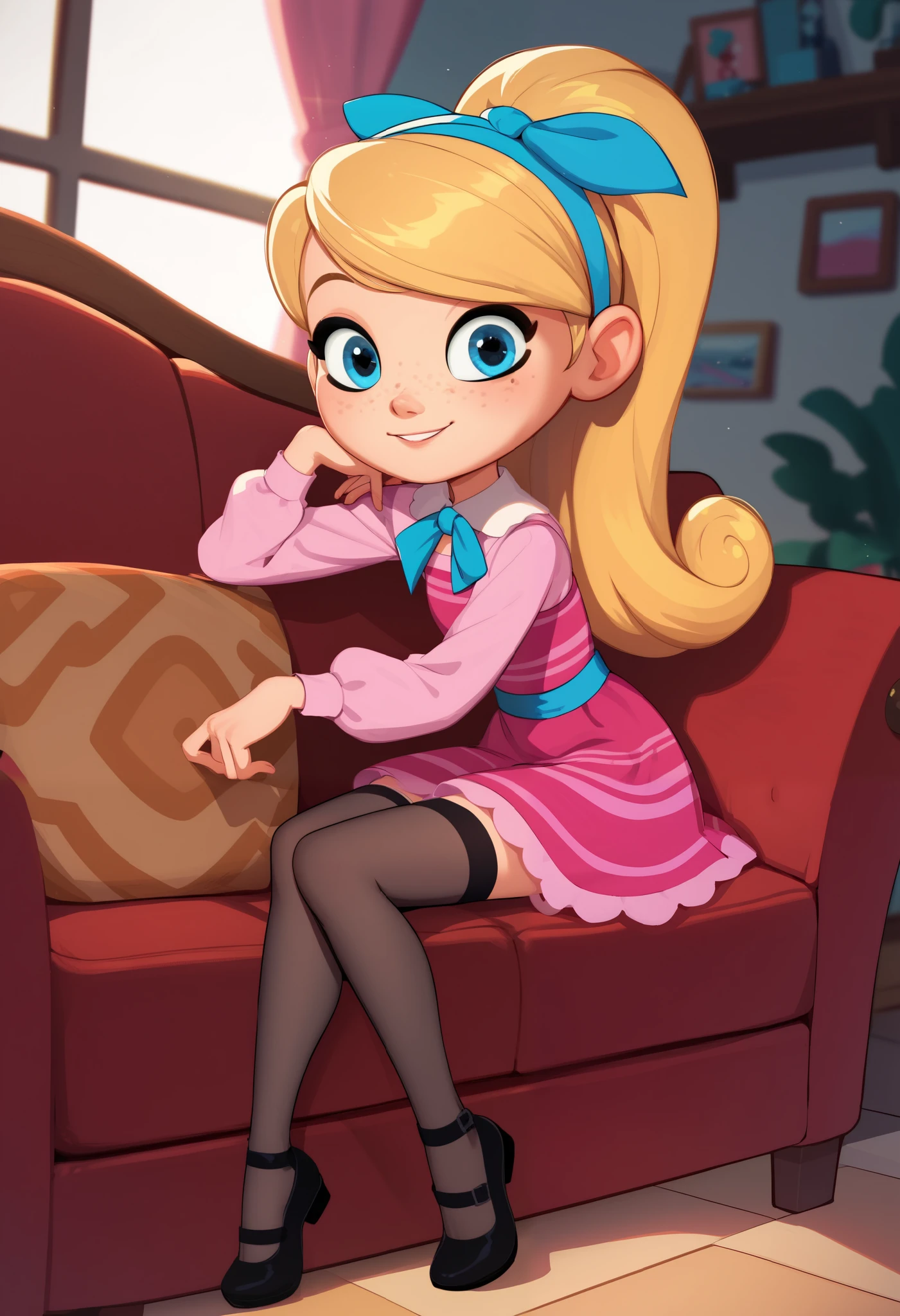 1girl, full body, solo, young girl, 9- year old, penny peterson, long hair, blue eyes, freckles, blonde hair, skirt, hairband, cyan ribbon, ponytail, black sexy stockings, flirty hips, dress, pink dress, long sleeves, score_9, score_8_up, score_7_up, score_6_up, score_5_up, sitting, sofa, leaning forward, indoors, smile, cute smile, heart-warming, looking at viewer, soft lighting, flirty
