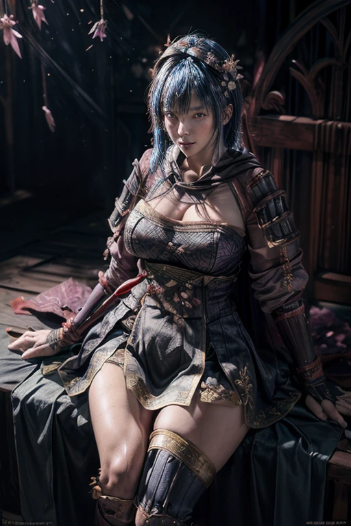  A young Japanese woman , warrior, (seductive smile),  Combat Stance, wielding a sword,  very detailedな,  (()),    Brilliant Appearance , Creative Action,  Extremely Detailed , Imaginative,  sensual,  Spontaneous ,  top quality,  skin texture,  ((straight hair, hair over eyes)),  ((midnight blue hair)),   toned body,  ((huge breasts)),  Big Breasts,   plump thighs,   Purple armor with a thistle flower pattern engraved on it is a bikini type design that emphasizes chest exposure,  ( Wear a black cloak with a thistle flower pattern ),  peplum skirt,   purple shin guard with thistle flowers engraved on it ,  Black high-leg underwear ,  Black tights,   absolute domain,  intricate details , ( Cinematic Lighting ),  Dramatic lighting,  ((Clear Sky Thunderbolt)),  (( Full bloom thistle flowers are blooming in full bloom in the background )),  (( Large thistle flowers in full bloom on the front )),    RAW photos , 8k, masterpiece,   top quality, ultra detailed , Extremely Detailed イラスト, very detailed,  intricate details , high definition ,超 intricate details, very detailed 8k cg wallpaper,