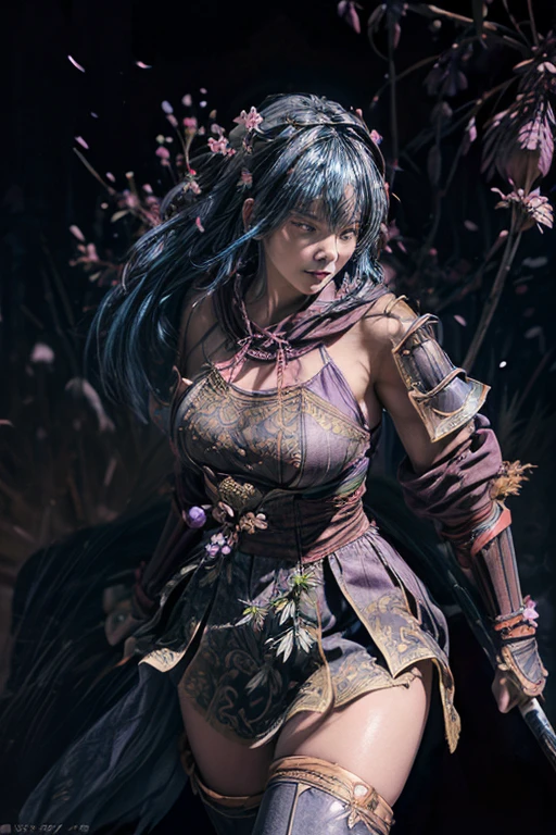  A young Japanese woman , warrior, (seductive smile),  Combat Stance, wielding a sword,  very detailedな,  (()),    Brilliant Appearance , Creative Action,  Extremely Detailed , Imaginative,  sensual,  Spontaneous ,  top quality,  skin texture,  ((straight hair, hair over eyes)),  ((midnight blue hair)),   toned body,  ((huge breasts)),  Big Breasts,   plump thighs,   Purple armor with a thistle flower pattern engraved on it is a bikini type design that emphasizes chest exposure,  ( Wear a black cloak with a thistle flower pattern ),  peplum skirt,   purple shin guard with thistle flowers engraved on it ,  Black high-leg underwear ,  Black tights,   absolute domain,  intricate details , ( Cinematic Lighting ),  Dramatic lighting,  ((Clear Sky Thunderbolt)),  (( Full bloom thistle flowers are blooming in full bloom in the background )),  (( Large thistle flowers in full bloom on the front )),    RAW photos , 8k, masterpiece,   top quality, ultra detailed , Extremely Detailed イラスト, very detailed,  intricate details , high definition ,超 intricate details, very detailed 8k cg wallpaper,