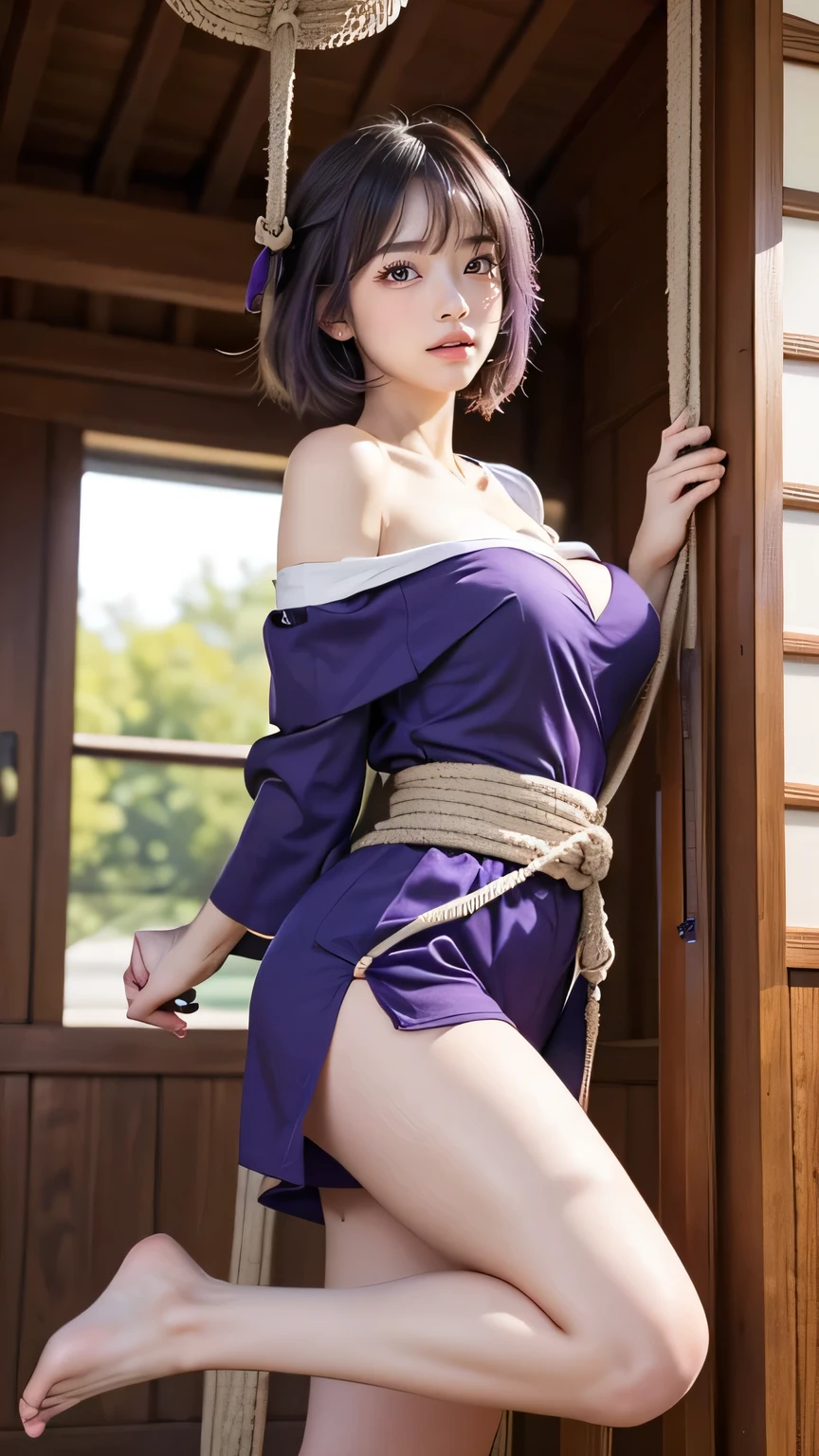 (((  top quality))), ((  Masterpiece )), (    Details), ((alone)), ((((((1girl, ayane,Heart, purple japanese clothes, off shoulder )))))),  ((( slender body:1.4, Big Breasts, cleavage:1.1 , big butt, slim,  thin waist ,  firm thick thighs ,  Thin legs))),(  camel toe    ,Camel hoof), ((      Glowing Skin    ,    white skin,      Glowing Skin    )), Mysterious Light,  ((( Girl with a well-groomed face   ))), ((  big eyes)), ((((((Droopy eyes)))))), ((((   closes the eye )))), ((((   accurate anatomy )))),    Completely-valid   ,    Eye Shadow ,     earrings for women alone  ,    necklace   , ,((( my hands and feet are hanging from the ceiling 、I'm always trying to open my leg  ))),((Ninja House)),(Bondage:1.4), (rope restraint :1.4), (  tied with rope  :1.3), (( With your legs apart)),(( rope)), Woman hanging from the ceiling 、  arm tied with rough rope 、sweat、 body tied with rope 、  wet body、  rough rope stuck in crotch  、  hanging with shackles  、  and one leg is hanging from above by a rough rope、  tied with rope  、 strongly bound 、 hands tied、 crotch rope,