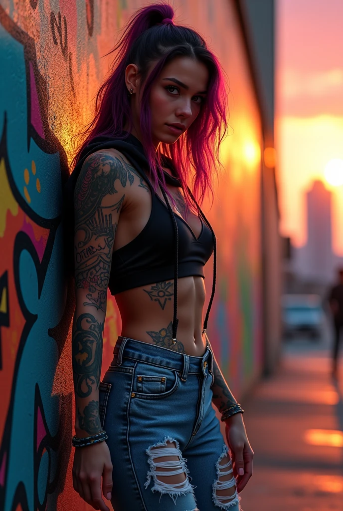 work of art, best qualityer, 1 girl, standing alone, Top cropped com top cropped, Shorts jeans, necklase, (graffit:1.5), ink spatter, Arms to cheeks, against the wall, Looking at the audience, clamps, thigh straps, blackstockings, paint on the body, tilt your head, tedious, cabelo roxo, water eyes, earbuds,