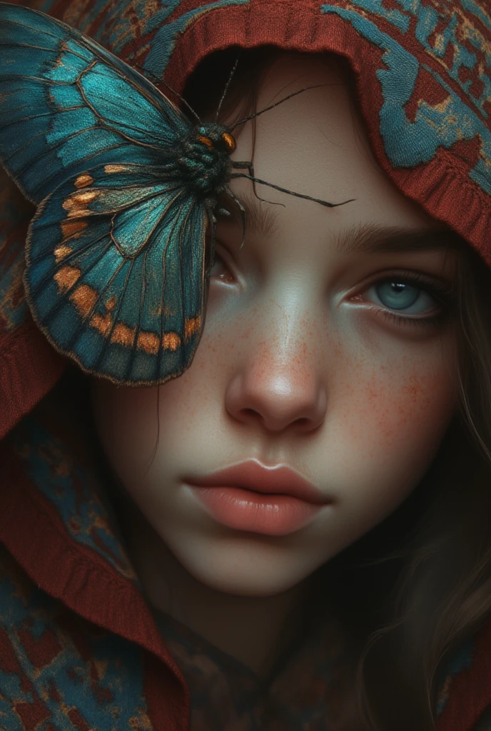 A hyper-realistic, extreme close-up of a woman’s eyes, shimmering with a tear that catches the light, suggesting emotion. Her face is wrapped in a deep maroon cloth bearing ancient Mayan glyphs embroidered in threads of deep blue. Her gaze is focused off to the side, almost wistful. A giant moth with metallic teal and copper patterns on its wings, appearing almost holographic, rests lightly on her brow. The perspective is a low-angle shot, showcasing the textural complexity of the cloth and the intricate veining of the moth's wings. 8k, masterpiece, award-winning photo.