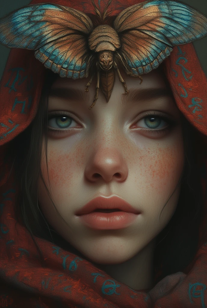 A hyper-realistic, extreme close-up of a woman’s eyes, shimmering with a tear that catches the light, suggesting emotion. Her face is wrapped in a deep maroon cloth bearing ancient Mayan glyphs embroidered in threads of deep blue. Her gaze is focused off to the side, almost wistful. A giant moth with metallic teal and copper patterns on its wings, appearing almost holographic, rests lightly on her brow. The perspective is a low-angle shot, showcasing the textural complexity of the cloth and the intricate veining of the moth's wings. 8k, masterpiece, award-winning photo.