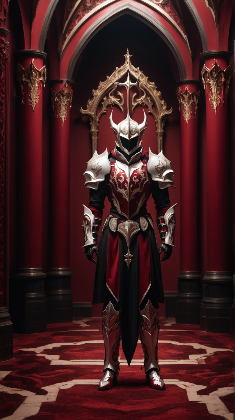 is possessed by a demon, a holy knight commander.A full-body image of an adult male . muscular body .Wear white gold holy knight armor. Eyes Deep Red . standing inside a mysterious black and red church.Bold composition
