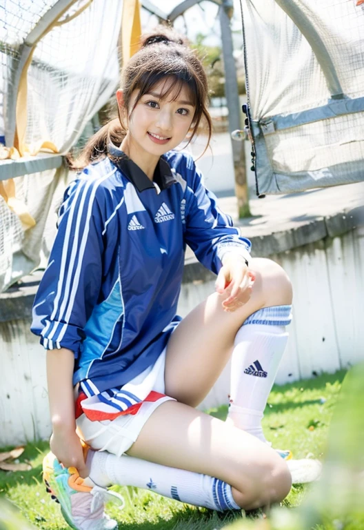 The Delicate Beauty of a Slender Figure 、Super beautiful girl、 Beautiful Adidas White Soccer Jersey 、 Soccer Jersey with Blue Lines、The beauty of soccer uniforms、 Clear Skin、White soccer socks、 high definition, masterpiece, accurate,  anatomically correct, Best Quality,  detail, 高い detail,  textured skin around the chest,  Ultra High Definition,  Realistic