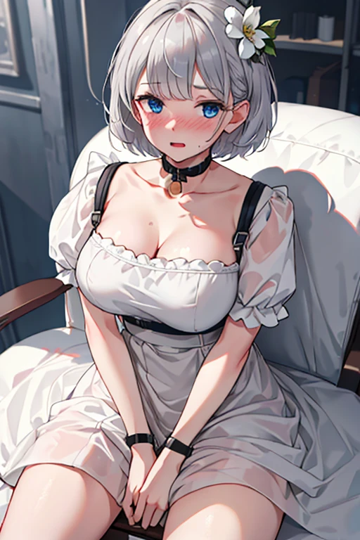  girl restrained in a chair, baby face,  Big Breasts, white dress,  Impossible clothes, Gray Hair,  short hair, A flower of hair ,  Embarrassing ,  Nose Blush , masterpiece,  High Quality , 最 High Quality ,  beautiful,  high definition , perfect lighting,  detailed face , Detailed body, masterpiece, 最 High Quality ,   intricate details , 8k u high definition ,  perfect face,  perfect eyes