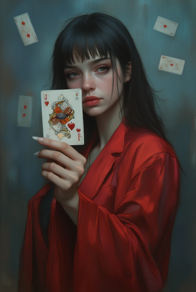 A hyper-realistic digitally drawn portrait of a young woman in a vibrant red magician's outfit, featuring a black bowtie and a dramatic red and black cape. Her straight, jet-black hair with sharp bangs partially frames her face, though her expression is obscured in soft blur. Her right hand extends toward the viewer, holding a vividly detailed "Jack of All Trades" playing card. The card and her hand are in sharp focus, showcasing her glossy white-manicured nails, which contrast beautifully with her dark attire. The rest of her face and body fade into a blurred haze, with only the card and hand remaining clear, creating a dynamic visual contrast. The background is a soft, blurred gradient of deep blue, illuminated by cinematic lighting that adds a mysterious, ethereal glow. Floating playing cards drift in the blurred backdrop, subtly hinting at movement and depth. The satin-like texture of her costume catches the light, revealing a smooth, luxurious sheen, while the lighting highlights the sharp details of her hand and card. The scene blends the allure of classic magic with modern cinematic storytelling, evoking mystery and elegance. HD, 8K quality, ultra-detailed, flawless anatomy, cinematic focus blur, digitally drawn.