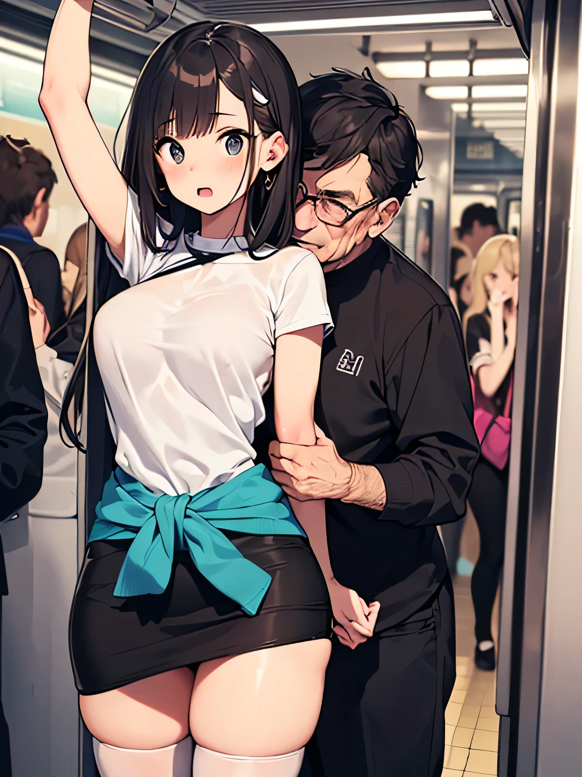 ((Petting/ Molestation/  Train Molester)), ( software ), ((photo realistic )), (masterpiece), ( top quality:1.3),  Absurd, [:  shines with intricate details1 .3],  software ,  realistic , masterpiece, ((( Inside a very crowded subway carの詳細なシナリオ, Inside a very crowded subway car、 Detailed Background ))), sting insanely hot (Young  1) Using ((sexy tube dress)), ((The back of the dress is lifted )), ((3/ 4 white stockings )), (( big butt)), (( thigh thickness)), (( raise your arms )), ((fear/ surprised expression)), ( blushed), ((Perfect physique)), ((Very old/  an older man pressing his pelvis against the butt of a young woman 1)), (((Very old/  older man pressing his chest against young woman 1's back )))  ((( holding her waist ))).