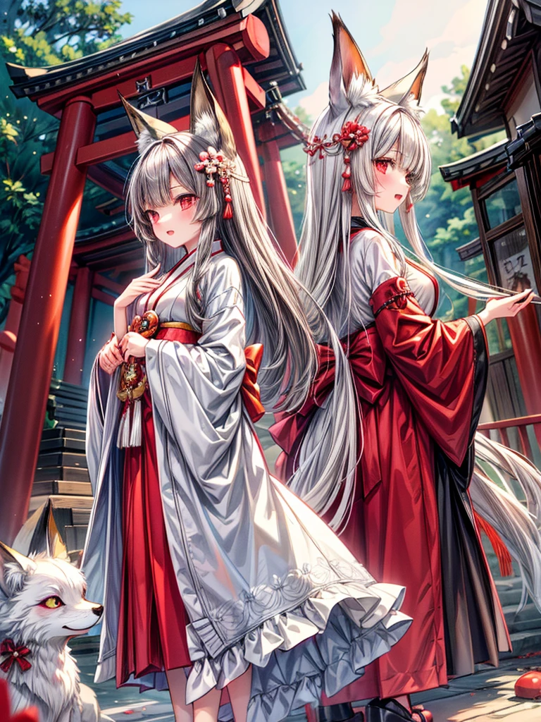 masterpiece,  top quality,(( one girl , medium sized breasts)),Narrow treeshrees,perfect dark red eyes , (( gray hair straight hair, princess cut, long hair on background,White fox ears)),((Luxurious shrine maiden costume,The gorgeous red skirt )), blue-white skin, smiling with open mouth , squinting,Clear bright daytime sky ,Shrine grounds, they are turning their backs here ,red Japanese style hair ornament , side composition,profile