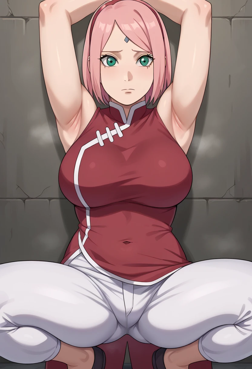 score_9, score_8_アップ, score_7_アップ,,nsfw,haruno sakura,sakura,green eyes ,pink hair, short hair,, red sleeveless dress, navel, large breasts, white pants,In a dimly lit alley ,Armpit,Armpit wrinkles,Armpit smell,Armpit juice,Arms up,Stretch,pubic hair,under hair,squat down, 