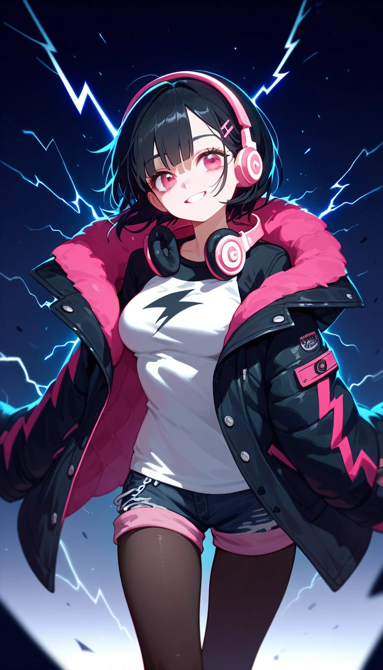  ,gloomy,Black hair,In pink eyes , Medium Breasts,Have headphones, Black coat ,Smile wryly,Dark circles under the eyes,Black Pantyhose Shorts,Black Lightning