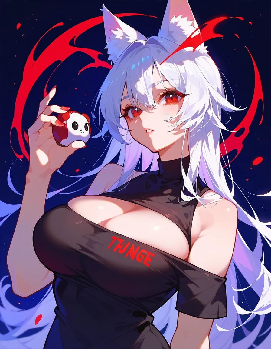 Animal Ear Girl,Silver-white hair, in a dark red eye ,cool, Thug ,funny,Long hair, Black long-sleeved shirt , with open shoulders, big breasts