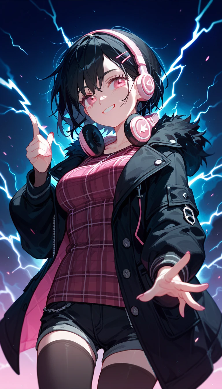 girl,gloomy,Black hair,In pink eyes , Medium Breasts,Have headphones, Black coat ,Smile wryly,Dark circles under the eyes, black tights shorts,Black Lightning,Black plaid shirt ,cool