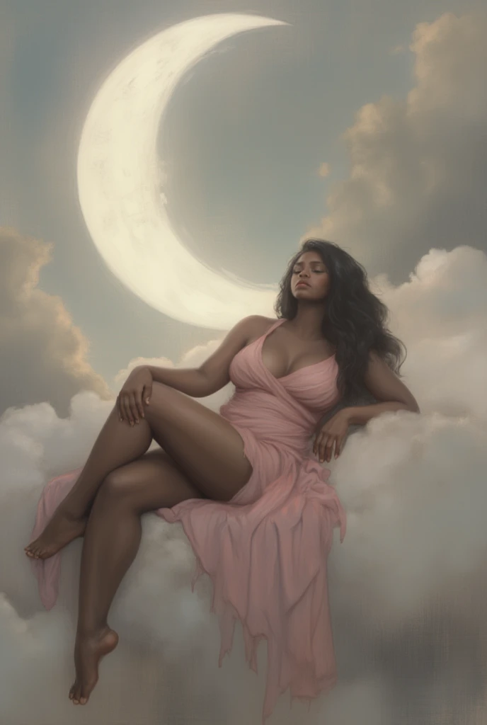 A hyper-realistic digital portrait of a dark-skinned woman with a voluptuous figure and long, sleek hair, posed in a surreal, ethereal setting. She reclines gracefully on a cloud, her head tilted back with her eyes closed, exuding a serene, dreamlike expression. Her body is draped in sheer, light pink fabric that cascades around her in delicate folds, its soft, silky texture enhancing her glowing, smooth skin while revealing her bare legs in a natural, elegant pose. Behind her rises a luminous crescent moon, its striking, ethereal white surface providing a mesmerizing contrast to the soft pastels and grays of the stormy and misty clouds that swirl in the background. The interplay of textures—the flowing fabric, the smooth crescent moon, and the fluffy clouds—creates a dynamic yet harmonious composition. Muted colors and subtle lighting lend a mystical quality, with soft highlights accentuating her form and blending fantasy with realism to craft a powerful, emotionally evocative image. HD, 8K quality, ultra-detailed, masterpiece artwork, flawless anatomy.