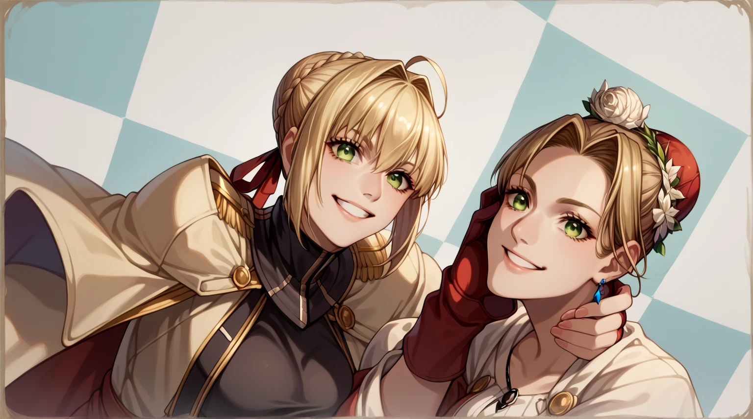 score_9, score_8_up, score_7_up, source_anime, 4K,perfect fingers,
nero, ahoge, blonde hair, green eyes, hair between eyes, hair intakes, large breasts, braid, french braid, hair bun,single hair bun,, smile,