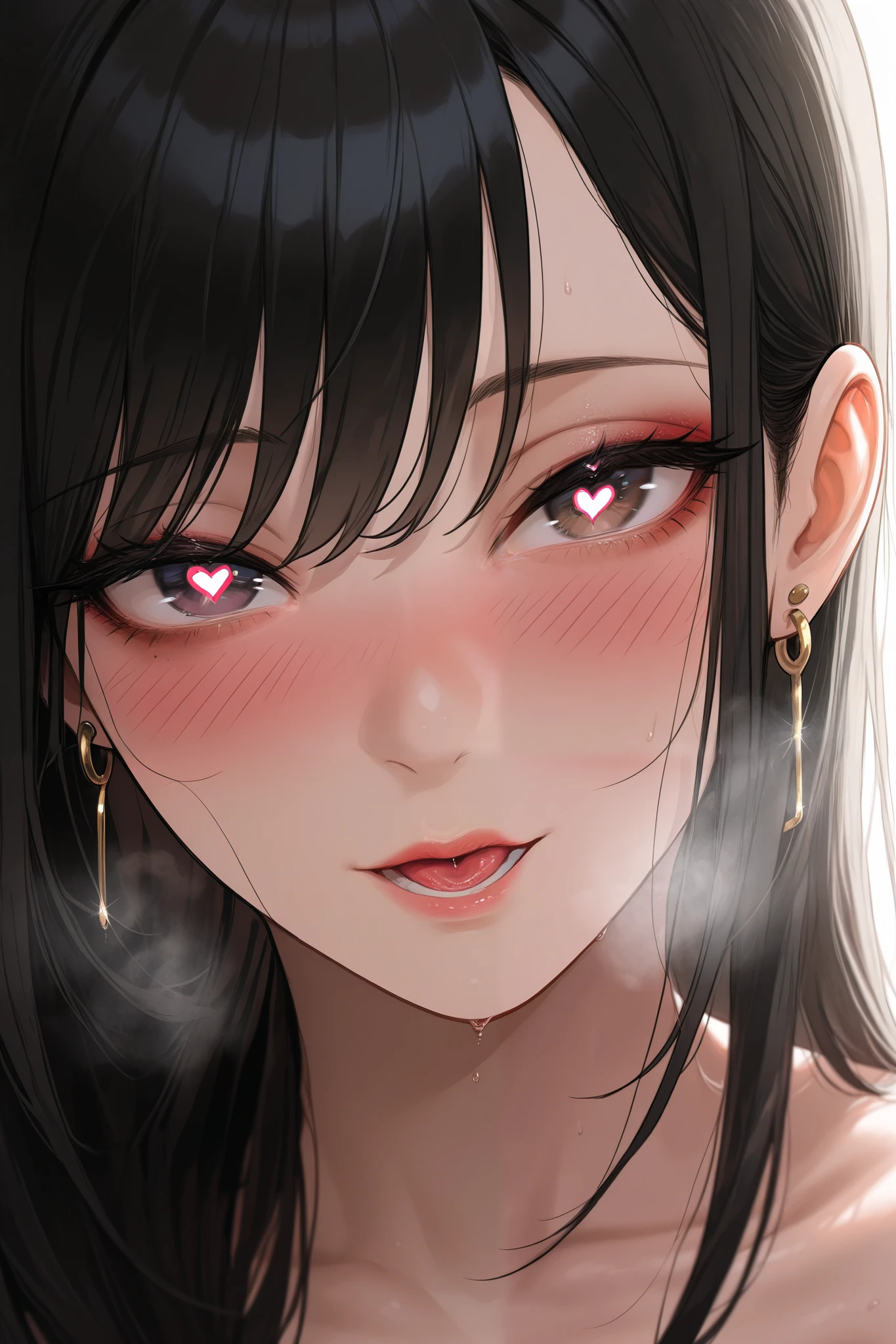 high resolution, masterpiece, Anatomically Accurate, ultra high definition , smooth skin, Very Detailed , long hair, chest, out their tongues., Heavy breathing, Heart lens , close-up , earring, Solo, mature, straight hair, black hair , blushing, dark makeup ,