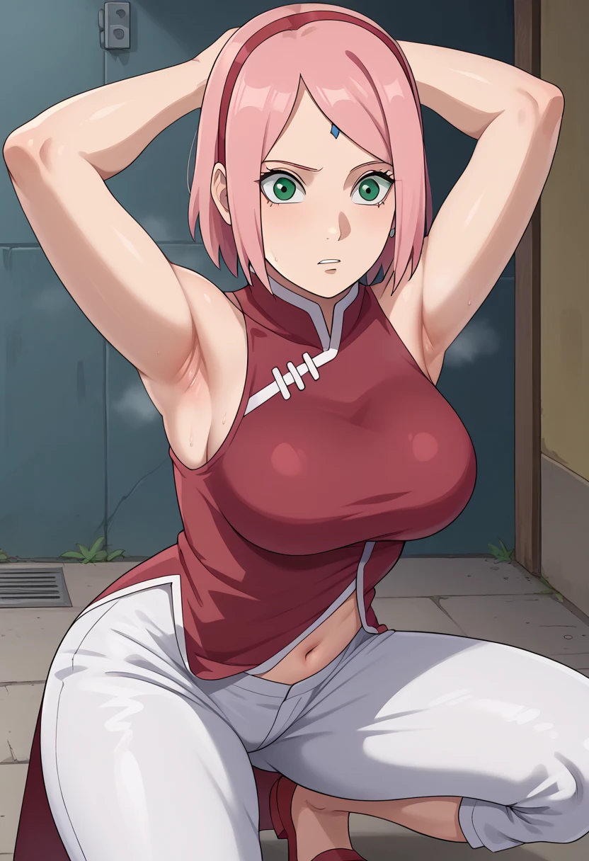 score_9, score_8_アップ, score_7_アップ,,nsfw,haruno sakura,sakura,green eyes ,pink hair, short hair,, red sleeveless dress, navel, large breasts, white pants,In a dimly lit alley ,Armpit,Armpit wrinkles,Armpit smell,Armpit juice,Arms up,Stretch,pubic hair,under hair,squat down, 