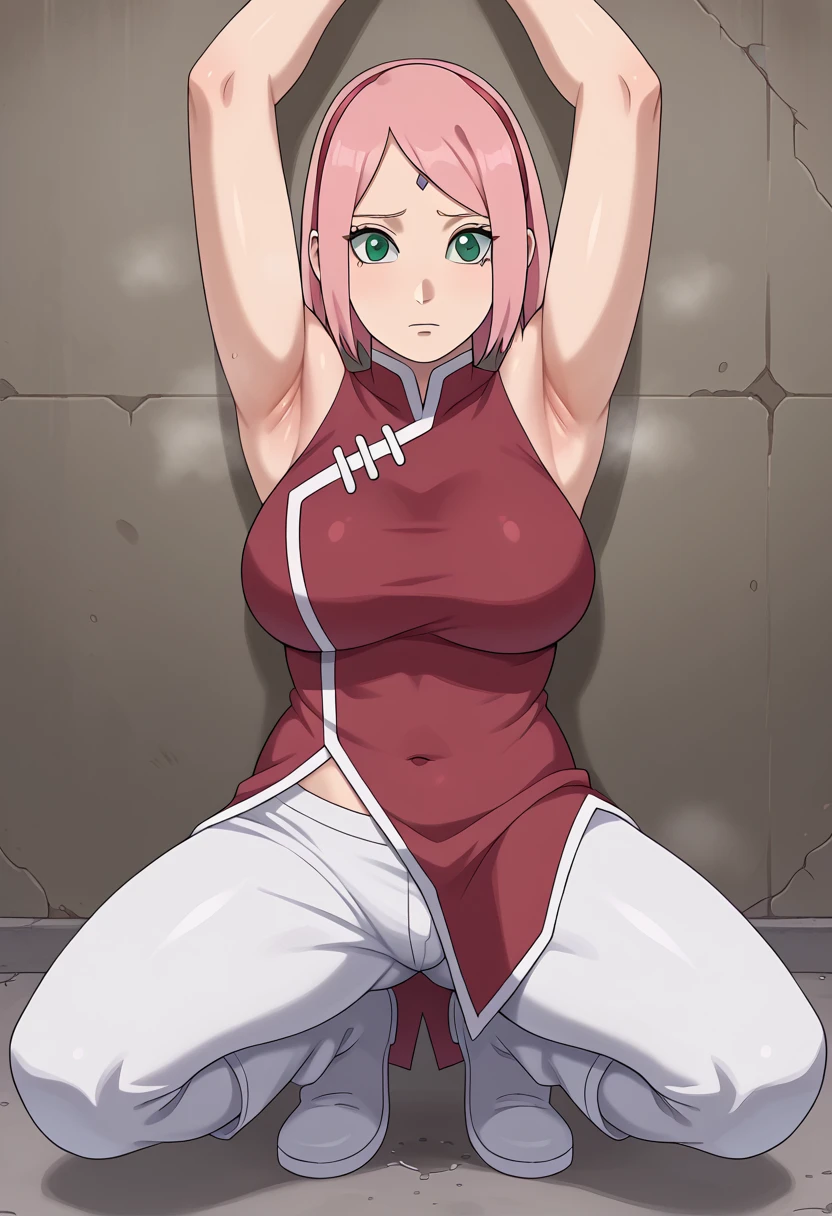 score_9, score_8_アップ, score_7_アップ,,nsfw,haruno sakura,sakura,green eyes ,pink hair, short hair,, red sleeveless dress, navel, large breasts, white pants,In a dimly lit alley ,Armpit,Armpit wrinkles,Armpit smell,Armpit juice,Arms up,Stretch,pubic hair,under hair,squat down, 