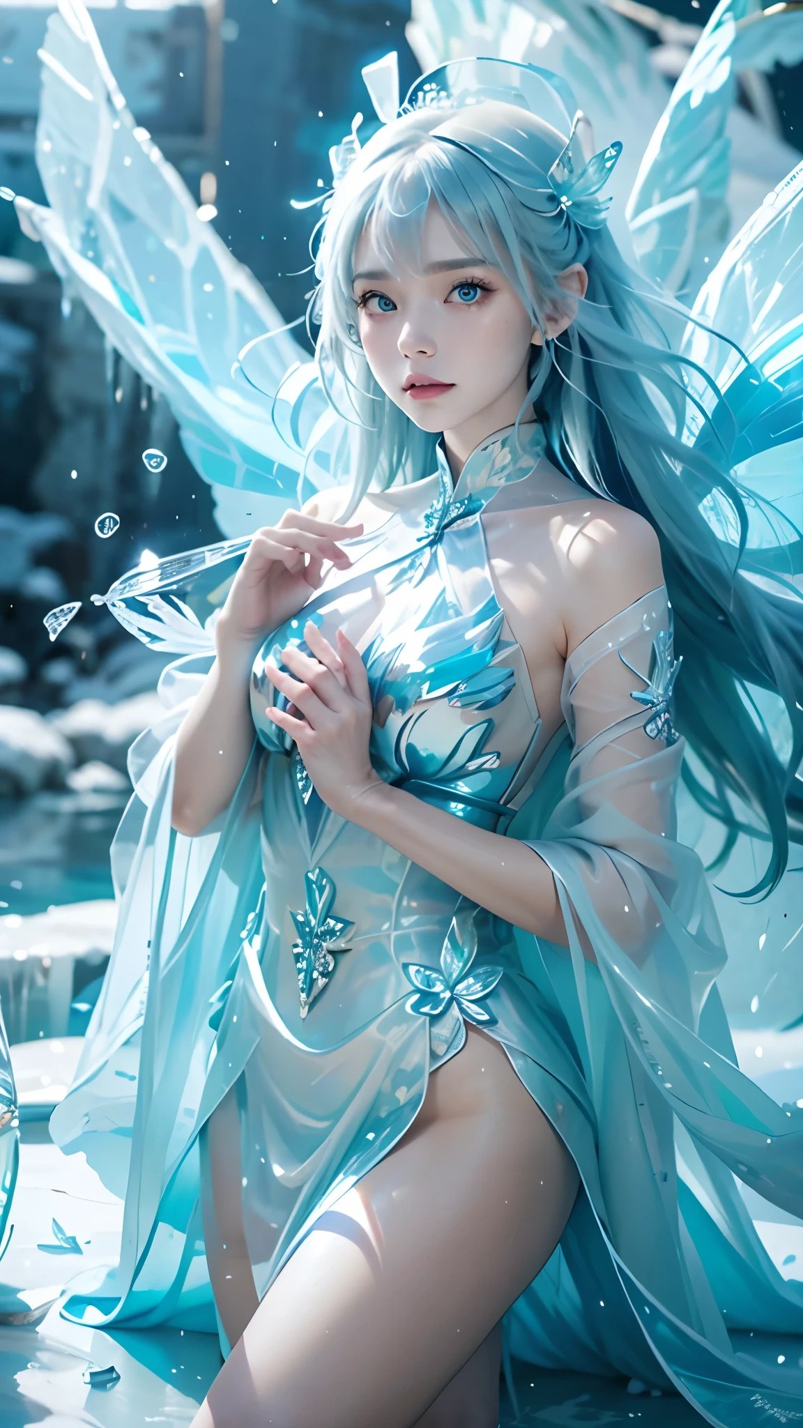 Frost Goddess,Frozen fluid,Ice World,ice,1girl,Translucent clothing,air bubble,blue butterfly,blue eyes,blue nails,breasts,Positive, character on the right, upper body, above knee level,Dynamic pose,bubble,Blue butterfly wings,butterfly wings,crystal,dress,glowing butterfly,long hair,looking at viewer,medium breasts,parted lips,solo,water