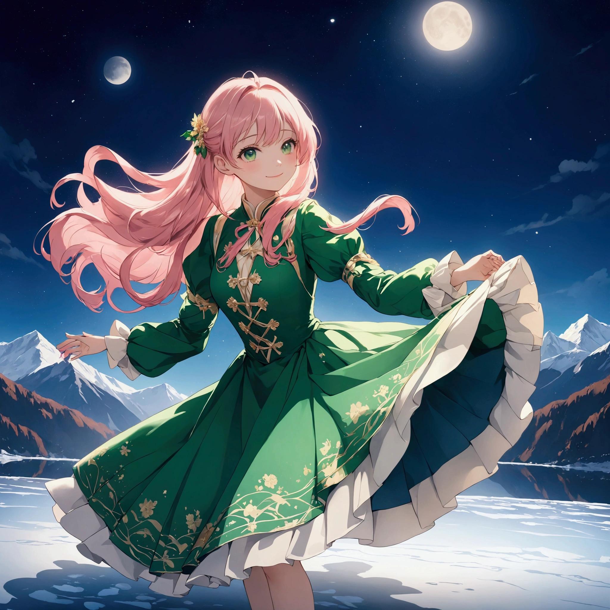 top quality、8k、Representative Works:1.3、 girl、1 person、1 personで、 surrounded by the Alps 、curve、 cute、She smiles quietly 、 beautiful long pink blond hair fluttering in the wind、 petite and glamorous body 、 wearing a national Alpine costume , ,Dancing on the ice of the lake on a moonlit night , beautiful emerald green eyes ,