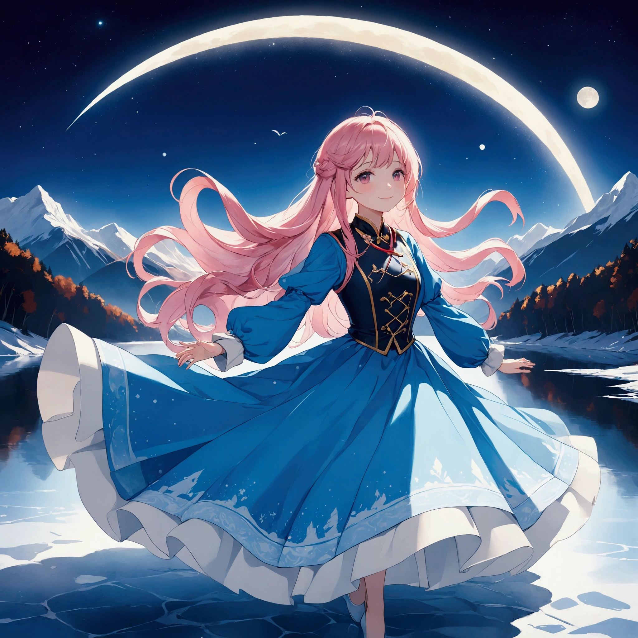  top quality、8k、Representative Works:1.3、 girl、1 person、1 personで、 surrounded by the Alps 、curve、 cute、She smiles quietly 、 beautiful long pink blond hair fluttering in the wind、 petite and glamorous body 、 wearing a national Alpine costume , ,Dancing on the ice of the lake on a moonlit night ,The surrounding animals are watching over it,