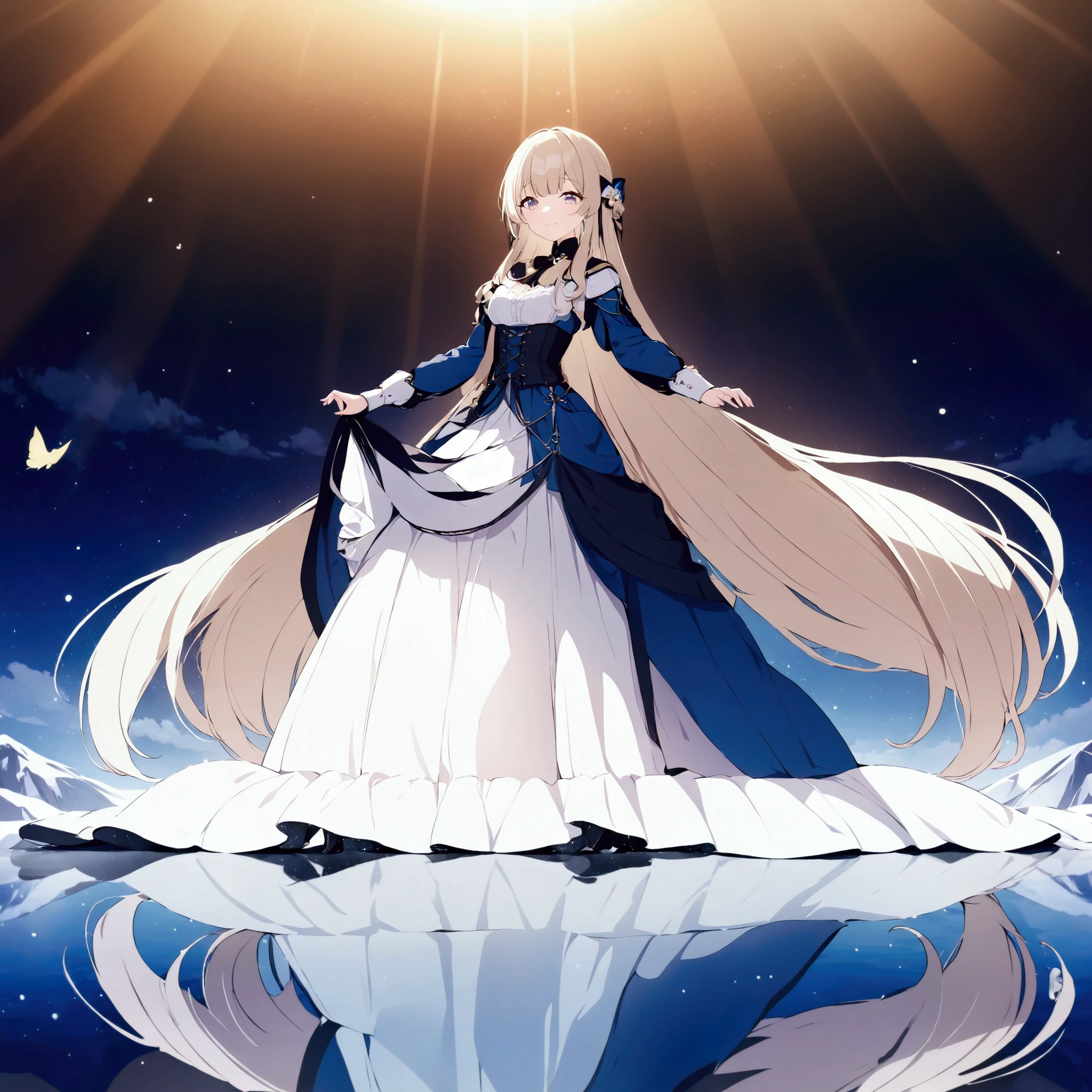top quality、8k、Representative Works:1.3、 girl、1 person、1 personで、 surrounded by the Alps 、curve、 cute、She smiles quietly 、 with lots of animals watching over it、 petite and glamorous body 、 wearing a national Alpine costume , ,Dancing on the ice of the lake on a moonlit night ,Beautiful long platinum blonde hair fluttering like ,