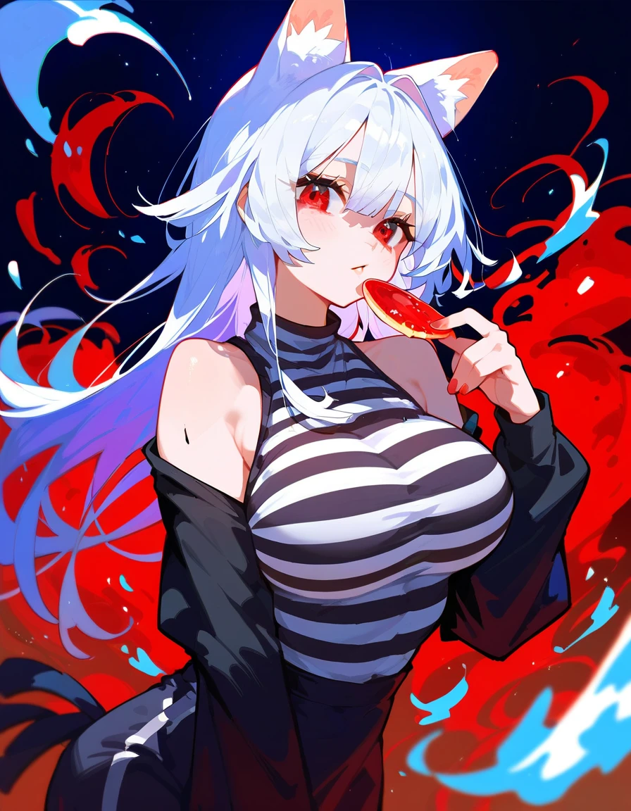 Animal Ear Girl,Silver-white hair, in a dark red eye ,cool, Thug ,funny,Long hair, Black Long Sleeve Shirt, with open shoulders, big breasts,Striped Blouse ,