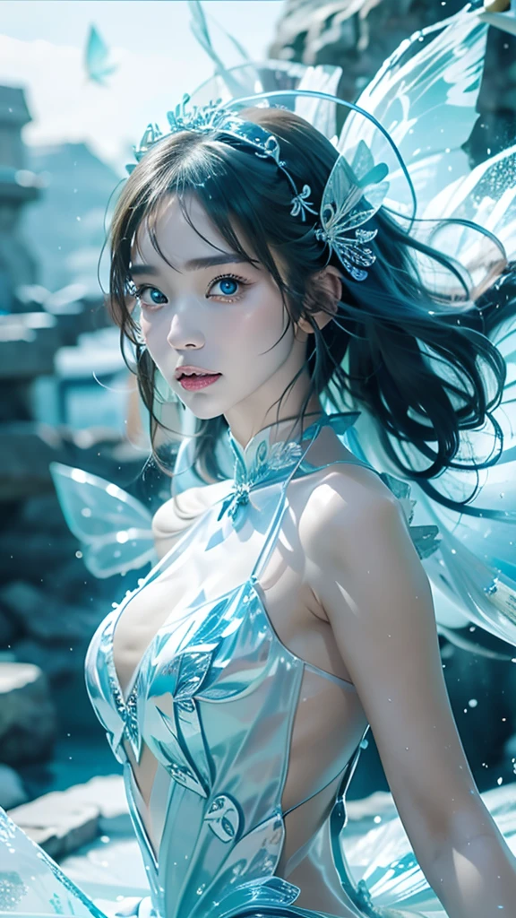 (Masterpiece, Top Quality, Best, Official Art, Beautiful and Aesthetic, Long Exposure: 1.2), Smooth Movement, Fascinating Patterns, 1 Girl, Adult Russian Woman, Freckles, Jade Eyes, Black Lob Hair, Portrait, Solo , upper body, gaze at observer, detailed background, detailed face, (crystallineAI, crystalline theme:1.1), elemental water sprite, spinning water, controlling water, fantasy magician clothes, dynamic pose, floating particles, ethereal dynamics, water , steam, ocean in the background, blue tones, coast, ethereal atmosphere,