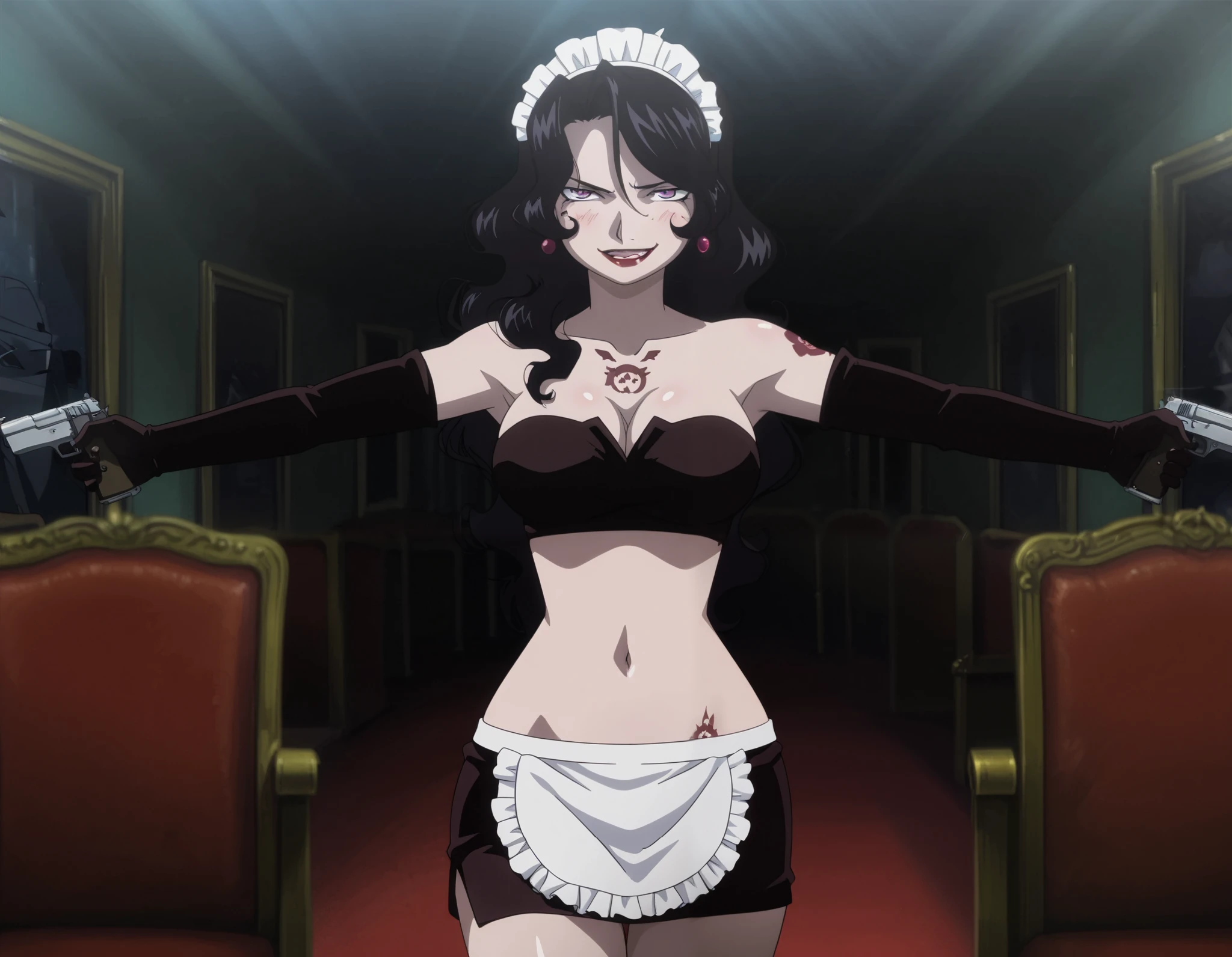 Lust, 1girl, solo, big breasts, chest tattoo, lips, gloves, jewelry, earrings, complex detailed background, casino environment, fancy interior environment, rich
interior, masterpiece, best quality, highly detailed, a anime girls in maid uniforms with a gun posing for a
picture, maid outfit, cleavage, evil smile, smile, open mouth ,ecchi anime style, anime girls, ecchi style,
ecchi, digital anime art!!, in anime style, official artwork, (nsfw) not safe for work, beautiful anime maid
girl, anime style 4 k, micro skirt, exposed belly, exposed navel, exposed midriff, exposed lower belly,
holding a gun