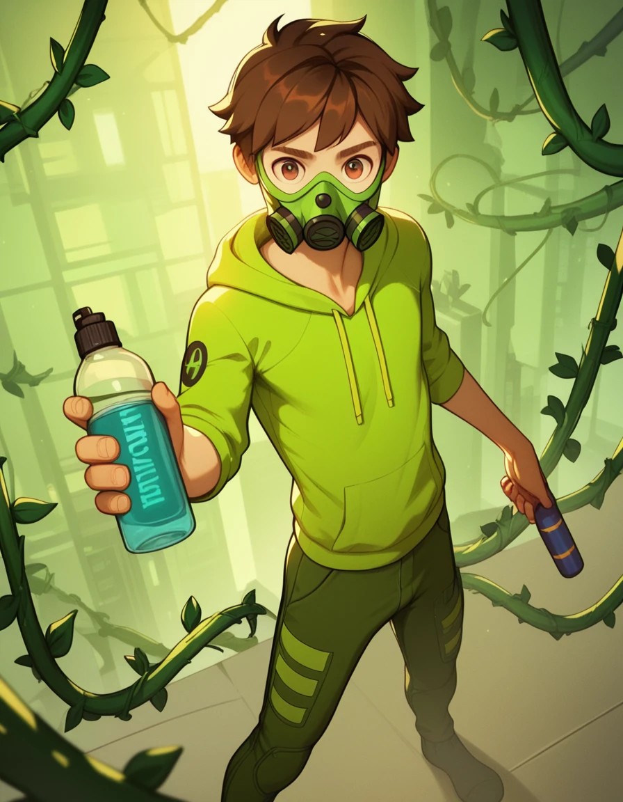 score_9, score_8_up, score_7_up, score_6_up, score_5_up, score_4_up, CartoonyIllustrious, highres, masterpiece, ultra high resolution, from above, male, brown hair, spiky hair, (short hair), green goggles, brown eyes, detailed eyes, detailed skin, glossy skin, short, skinny, supervillain, green hoodie, (gas mask), combat pants, holding a spray bottle, action pose, futuristic city, green smoke cloud, vines, cinematic lighting, beautiful lighting