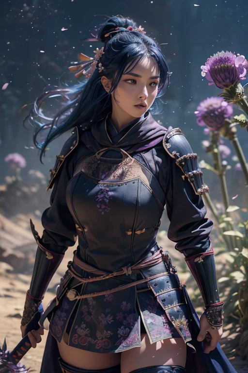  A young Japanese woman , warrior,  Combat Stance, wielding a sword,  very detailedな,  (()),    Brilliant Appearance , Creative Action,  Extremely Detailed , Imaginative,  sensual,  Spontaneous ,  top quality,  skin texture,  ((straight hair, hair over eyes)),  ((midnight blue hair)),   toned body,  ((huge breasts)),  Big Breasts,   plump thighs,   Purple armor with a thistle flower pattern engraved on it is a bikini type design that emphasizes chest exposure,  ( Wear a black cloak with a thistle flower pattern ),  peplum skirt,   purple shin guard with thistle flowers engraved on it ,  Black high-leg underwear ,  Black tights,   absolute domain,  intricate details , ( Cinematic Lighting ),  Dramatic lighting,  ((Clear Sky Thunderbolt)),  (( Full bloom thistle flowers are blooming in full bloom in the background )),  (( Large thistle flowers in full bloom on the front )),    RAW photos , 8k, masterpiece,   top quality, ultra detailed , Extremely Detailed イラスト, very detailed,  intricate details , high definition ,超 intricate details, very detailed 8k cg wallpaper,