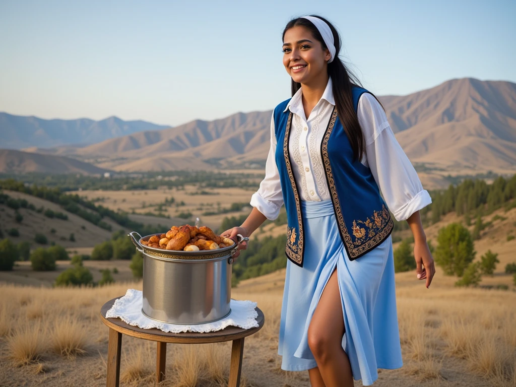 High resolution photo, in the photo a hot Hindu woman, happy face, she has a big nose, long black hair, a curvy figure, a headscarf on her head, dressed in a white transparent shirt with loose sleeves, on top of which she wears a blue velour vest with ethnic gold embroidery, a light blue dress with a high slit to the buttocks, from under which a thick overgrown pubis is visible.

She dances in a giant saucepan filled with Azerbaijani chikhirtma is a traditional dish, which is a thick soup or stew prepared on the basis of chicken meat and eggs

in the background Azerbaijani landscapes